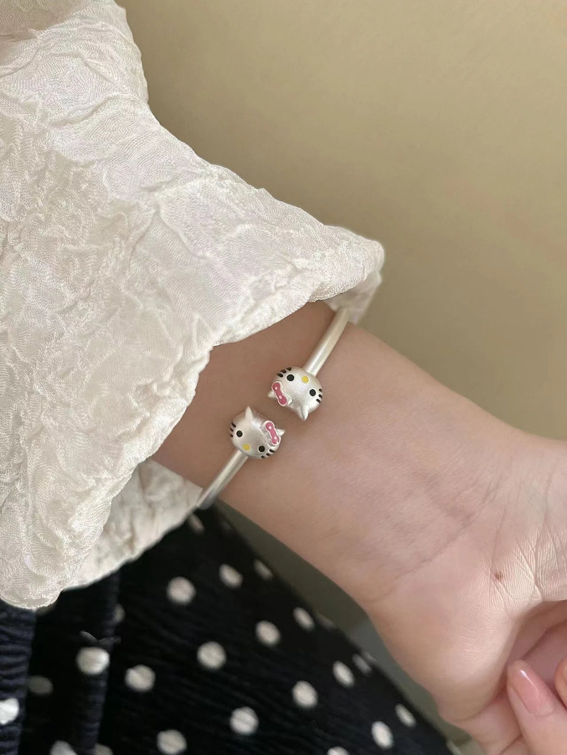 Dotted Bow Kitty Bangle Bracelet
